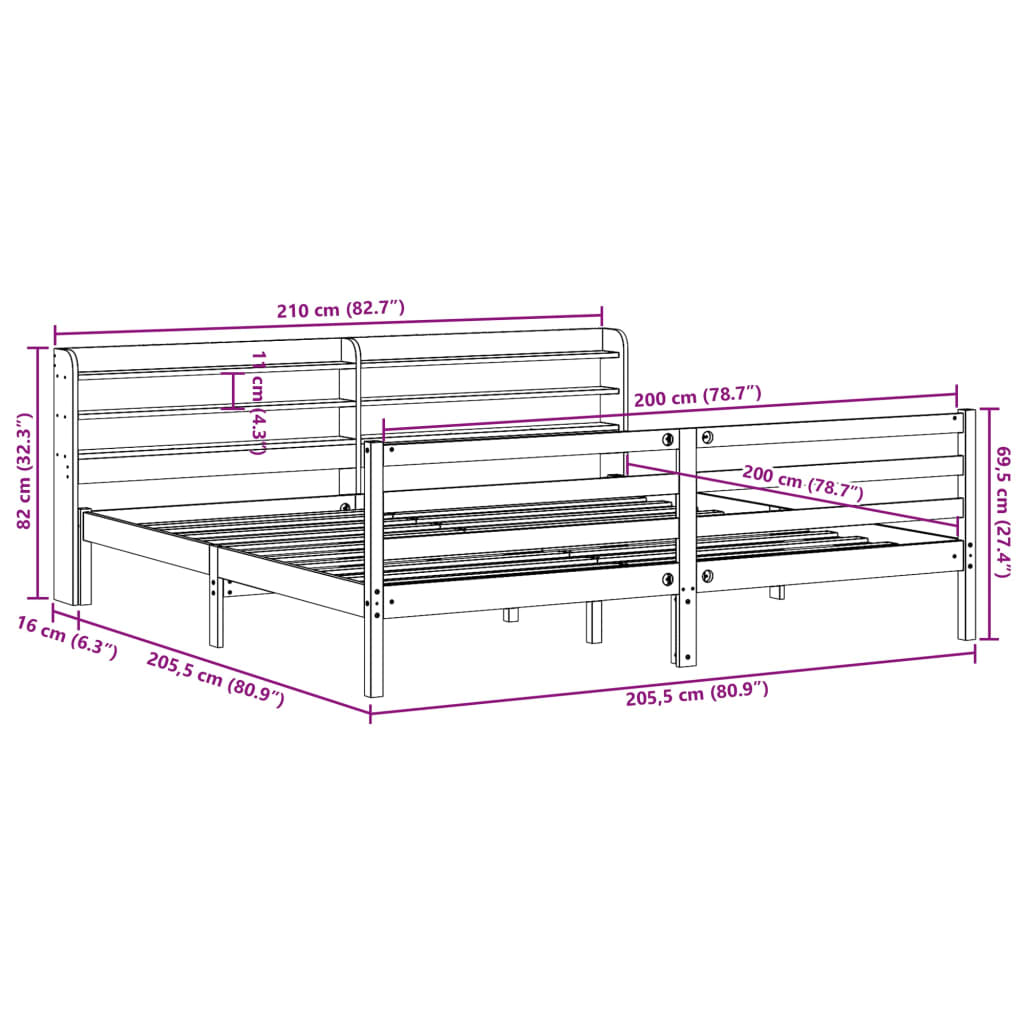 Bedframe met hoofdbord massief grenenhout wit 200x200 cm