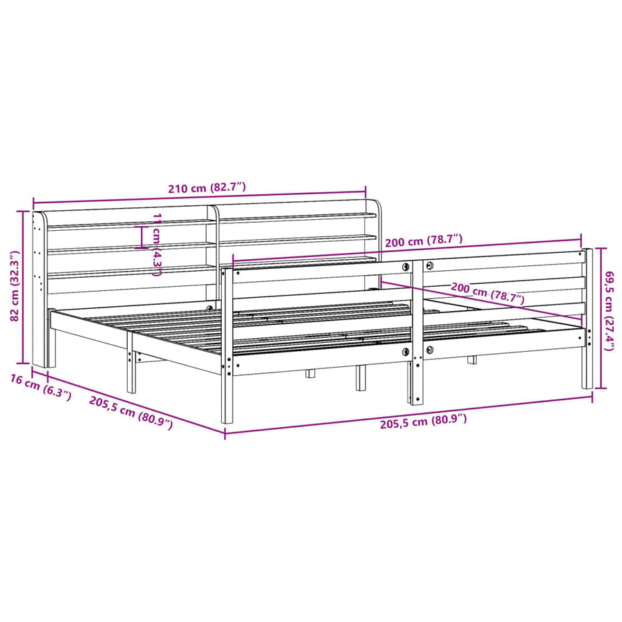Bedframe met hoofdbord massief grenenhout wit 200x200 cm