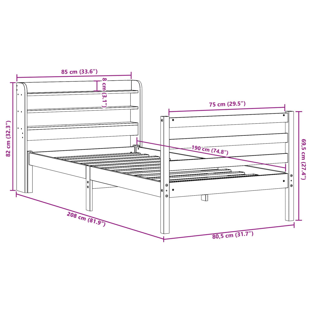 Bedframe zonder matras massief grenenhout wasbruin 75x190 cm
