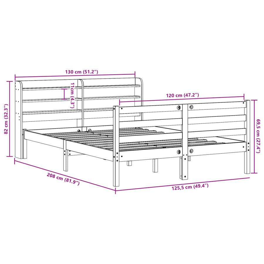 Bedframe zonder matras massief grenenhout wasbruin 120x190 cm