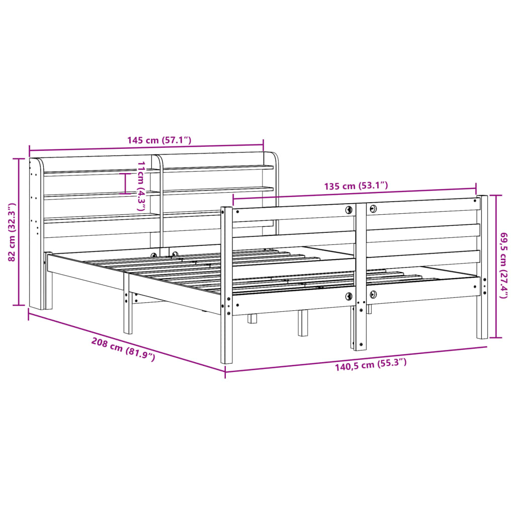 Bedframe zonder matras massief grenenhout wasbruin 135x190 cm