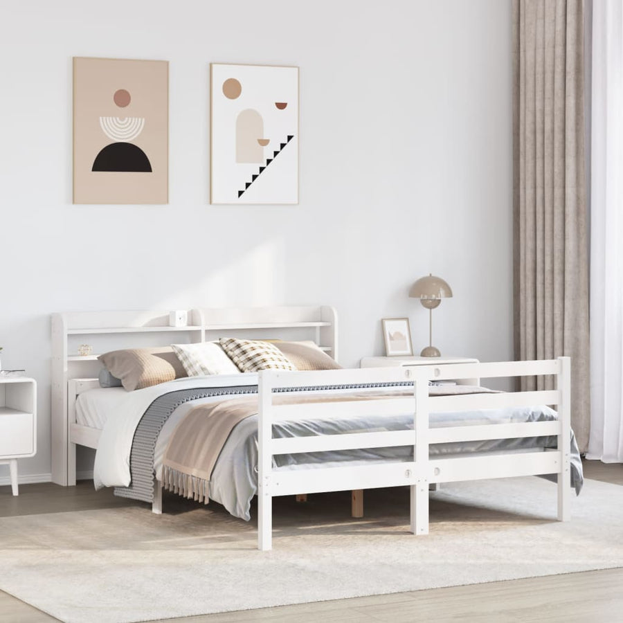 Bedframe met hoofdbord massief grenenhout wit 135x190 cm