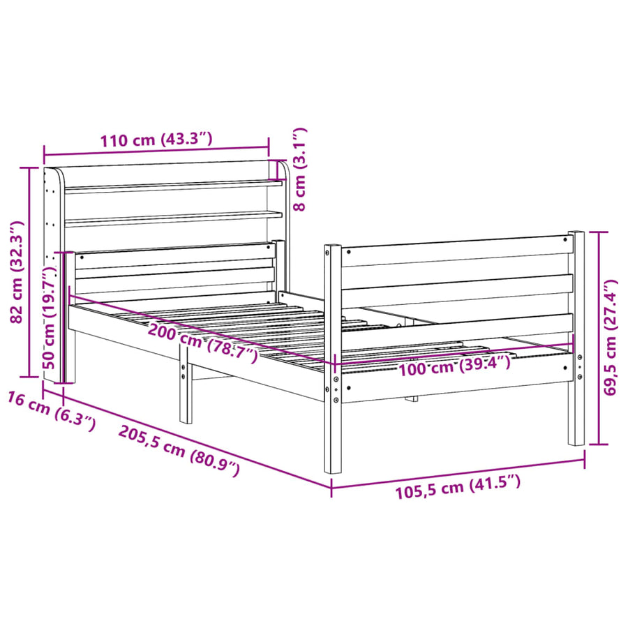 Bedframe met hoofdeinde zonder matras 100x200 cm wit