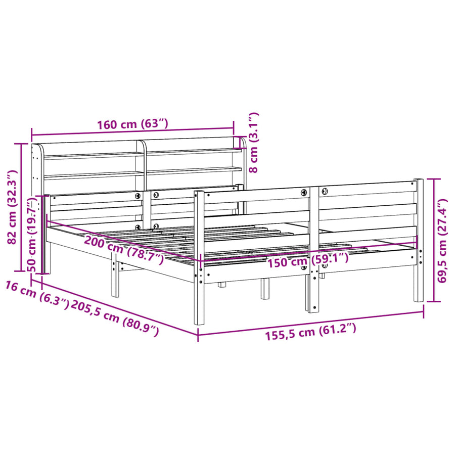 Bedframe met hoofdbord massief grenenhout wit 150x200 cm