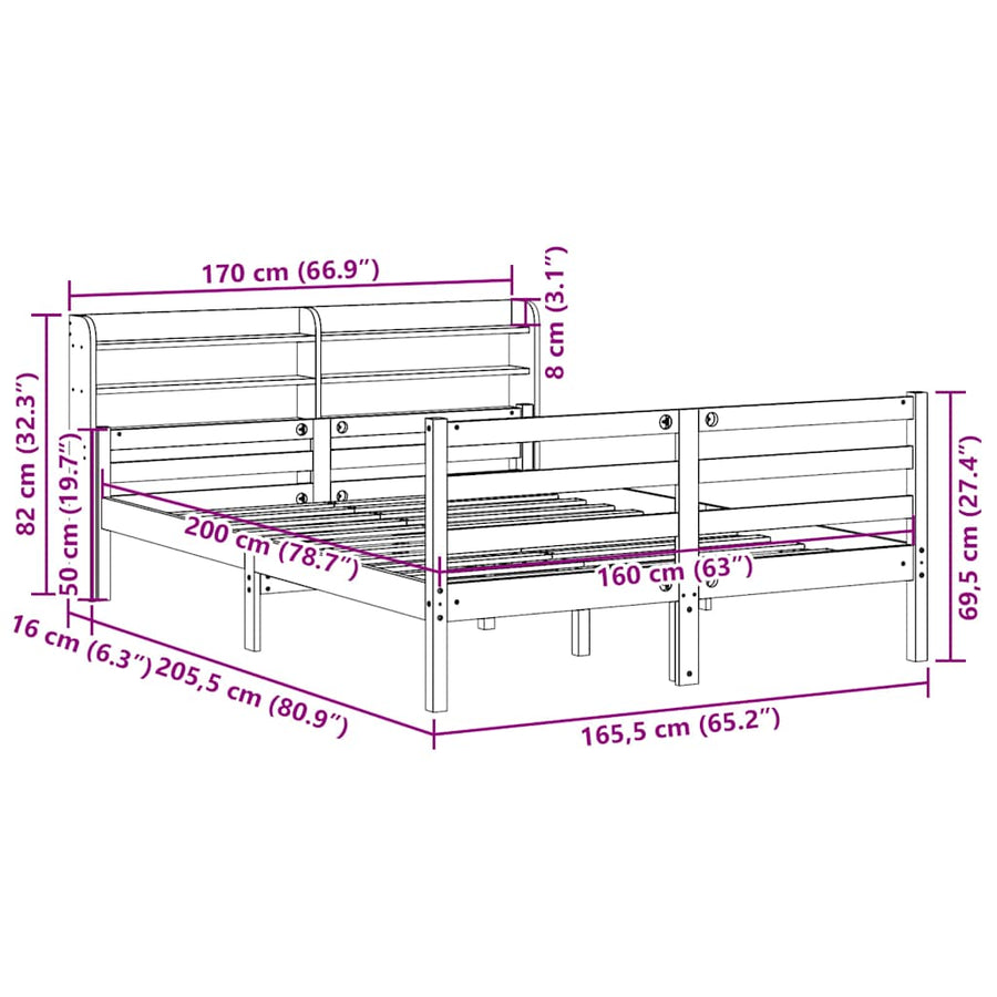 Bedframe met hoofdbord massief grenenhout 160x200 cm