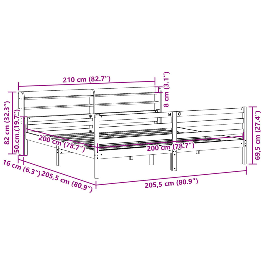 Bedframe met hoofdbord massief grenenhout 200x200 cm