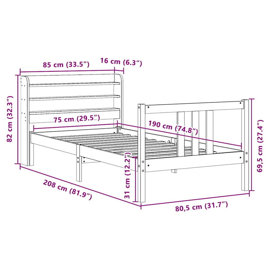 Bedframe met hoofdbord massief grenenhout 75x190 cm