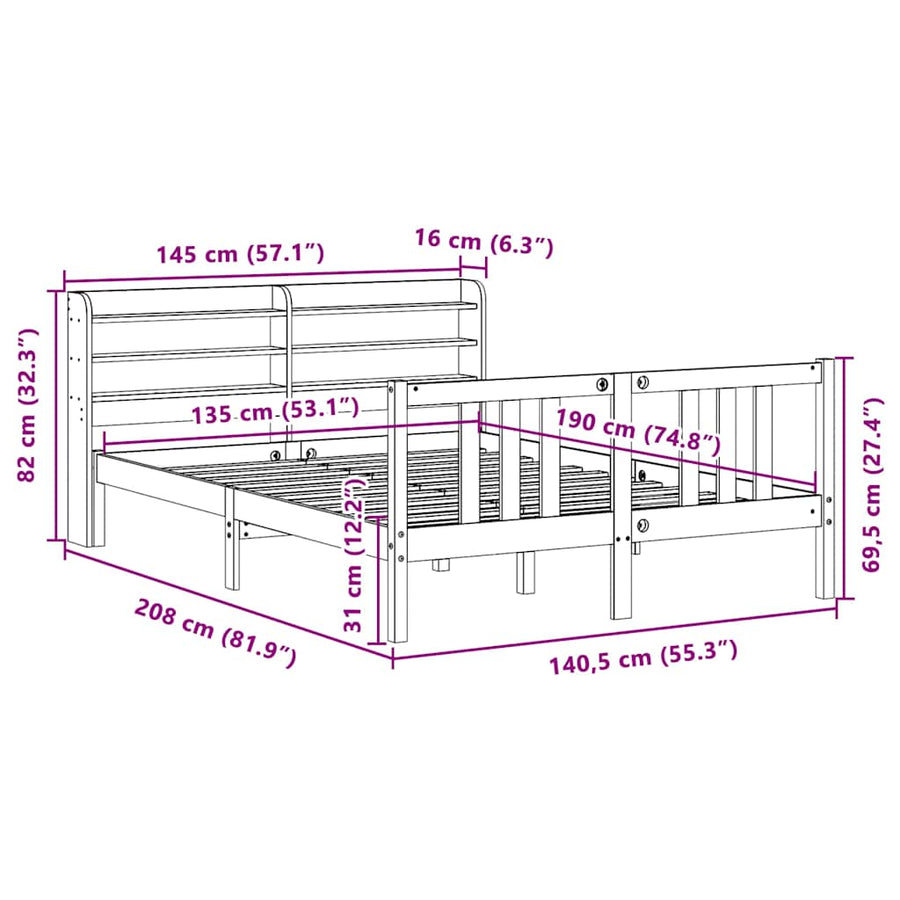 Bedframe met hoofdbord massief grenenhout 135x190 cm