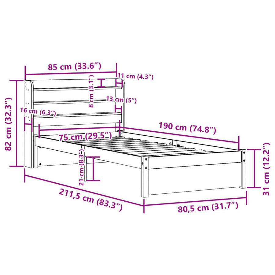 Bedframe met hoofdbord massief grenenhout 75x190 cm