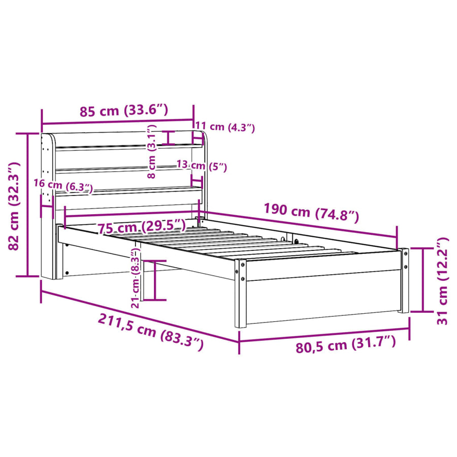 Bedframe met hoofdbord massief grenenhout wit 75x190 cm