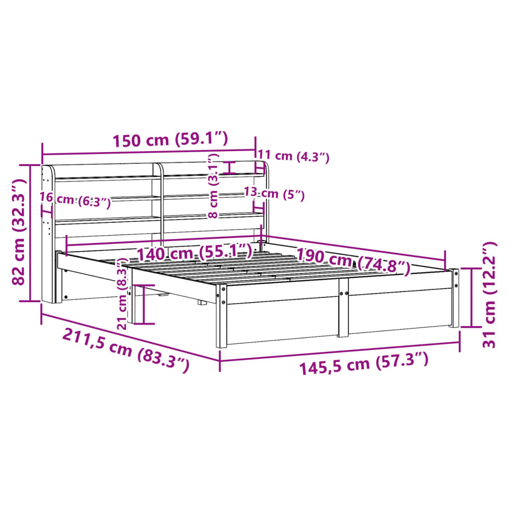 Bedframe met hoofdbord massief grenenhout 140x190 cm