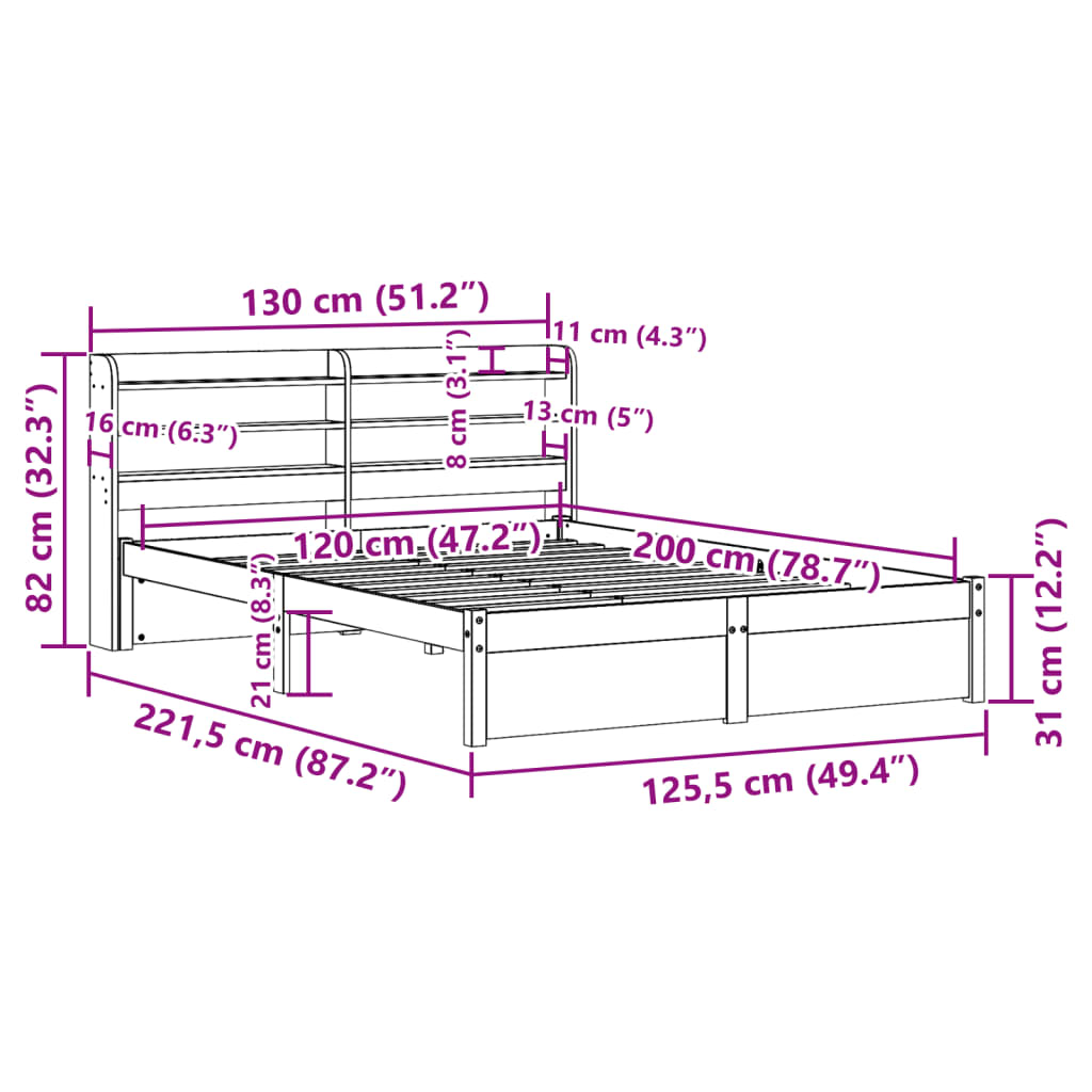 Bedframe met hoofdbord massief grenenhout 120x200 cm