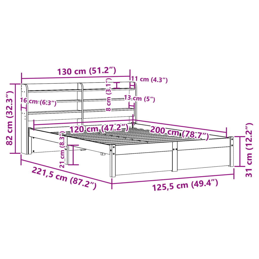 Bedframe met hoofdeinde zonder matras 120x200 cm wit
