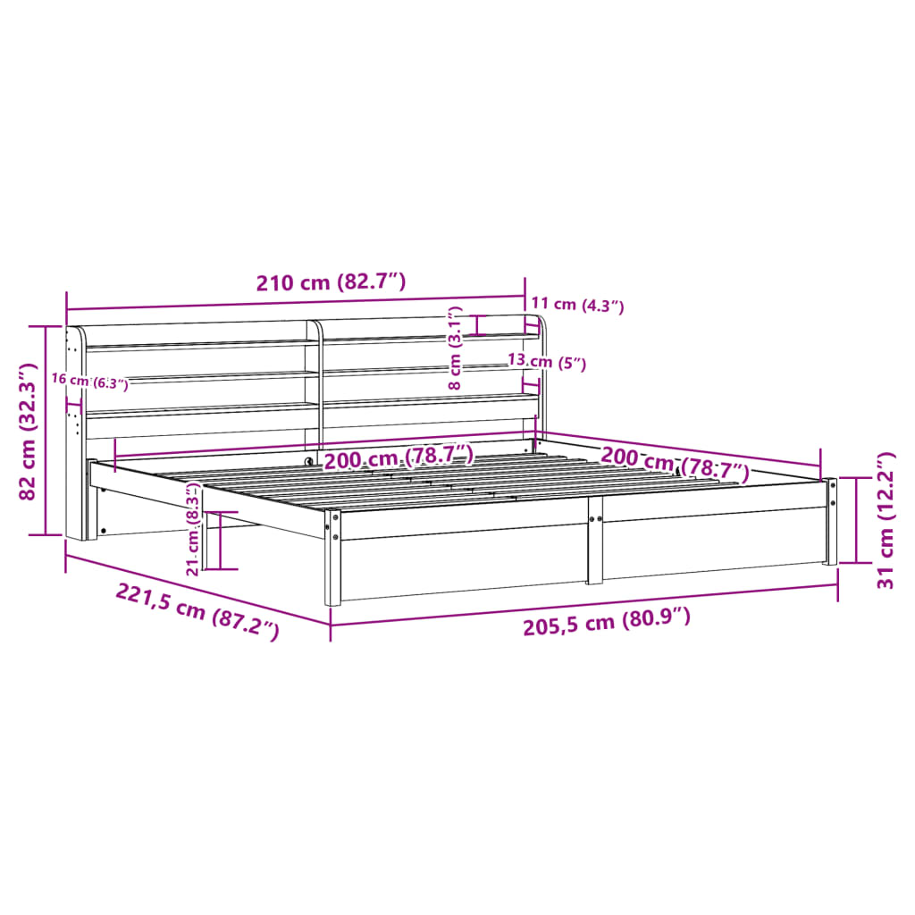 Bedframe met hoofdbord massief grenenhout 200x200 cm