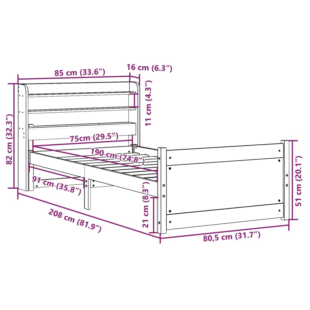 Bedframe met hoofdbord massief grenenhout 75x190 cm