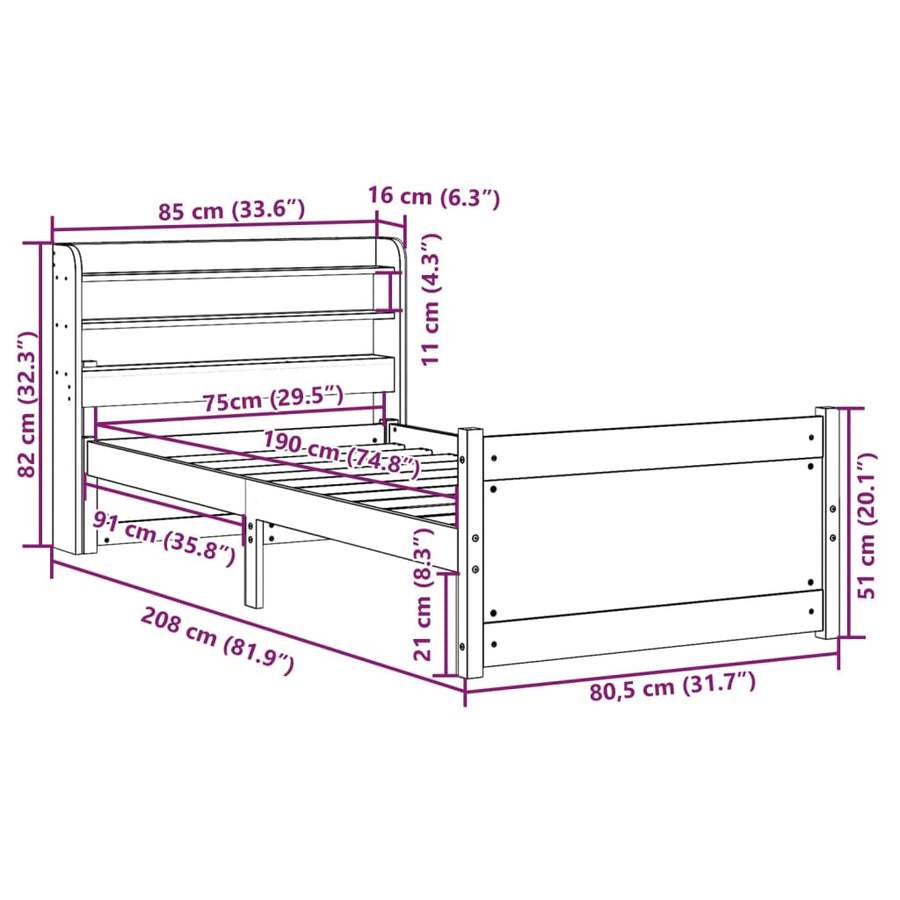 Bedframe met hoofdbord massief grenenhout 75x190 cm