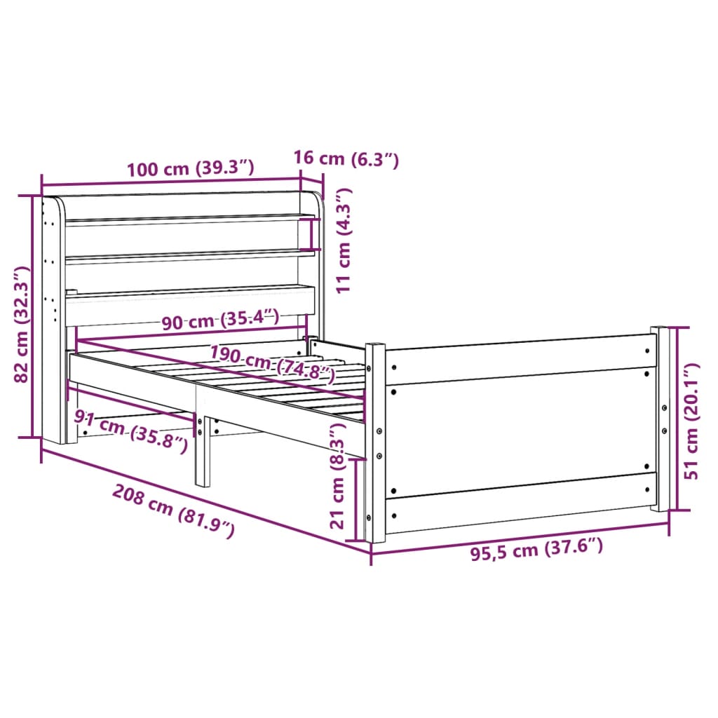 Bedframe Met Hoofdbord Massief Grenenhout 90 x 190 cm Bruin