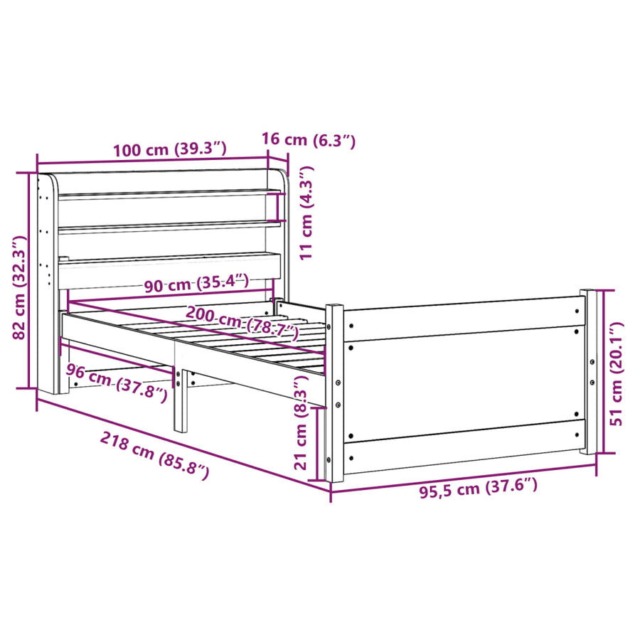 Bedframe Met Hoofdbord Massief Grenenhout 90 x 200 cm Bruin