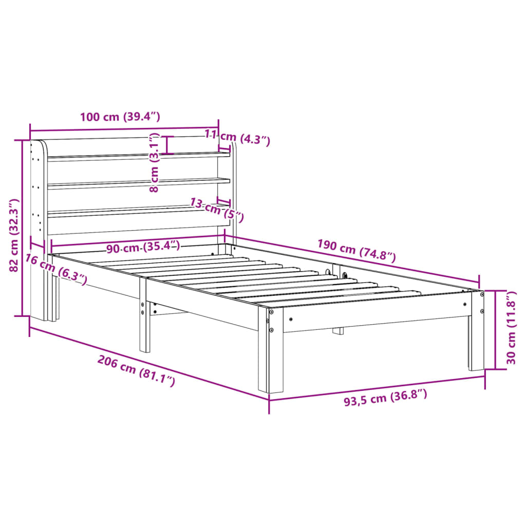 Bedframe met hoofdbord massief grenenhout 90x190 cm