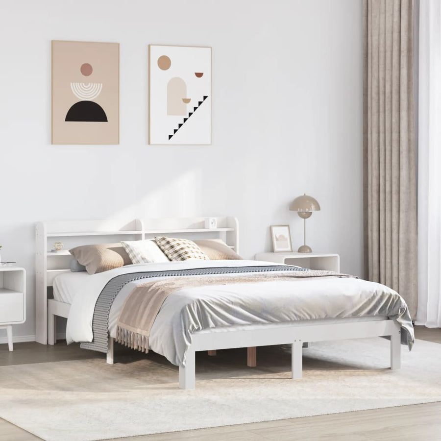 Bedframe met hoofdbord massief grenenhout wit 135x190 cm