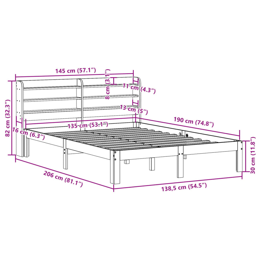 Bedframe met hoofdbord massief grenenhout wit 135x190 cm
