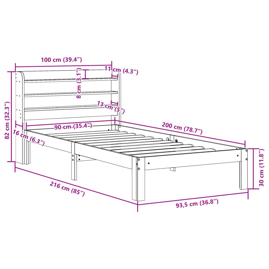 Bedframe met hoofdbord massief grenenhout wit 90x200 cm