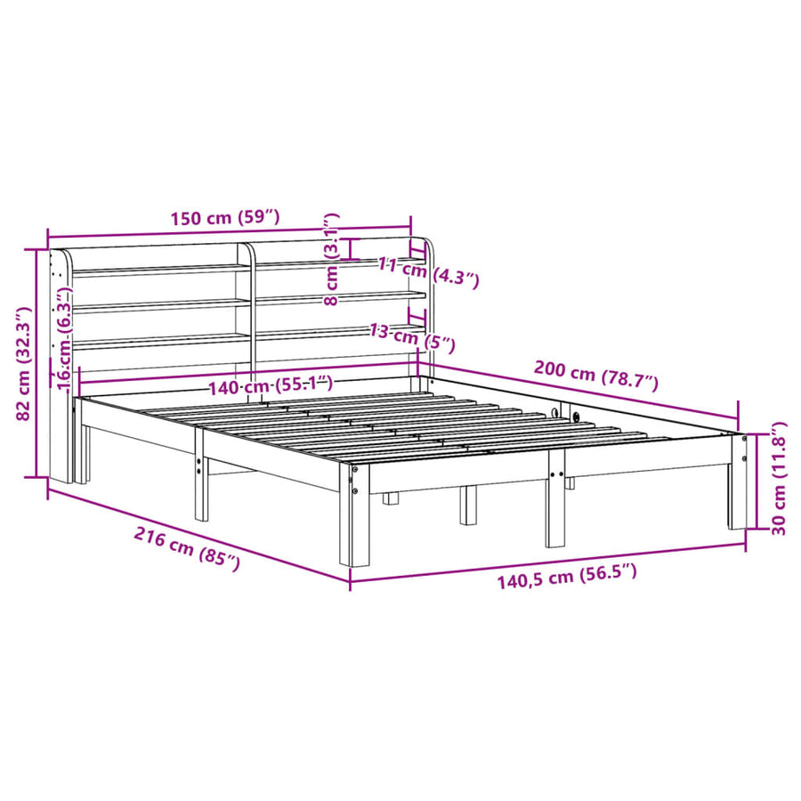Bedframe met hoofdbord massief grenenhout wit 140x200 cm
