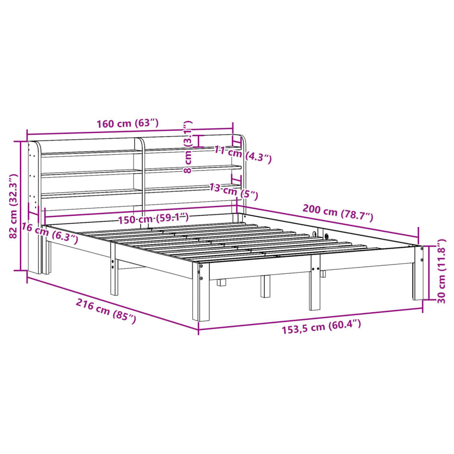 Bedframe met hoofdbord massief grenenhout wit 150x200 cm