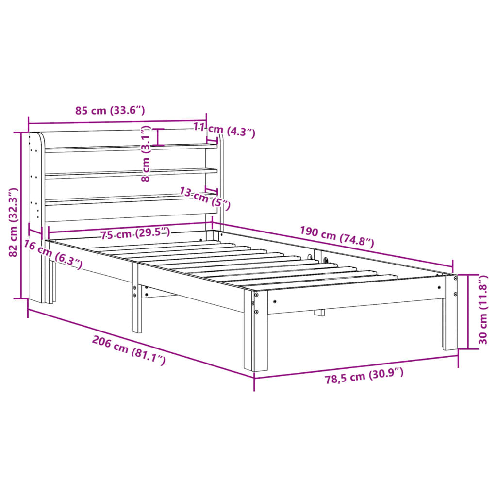 Bedframe zonder matras massief grenenhout wasbruin 75x190 cm