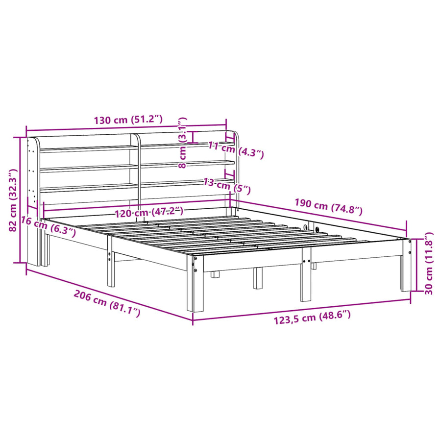 Bedframe zonder matras massief grenenhout wasbruin 120x190 cm