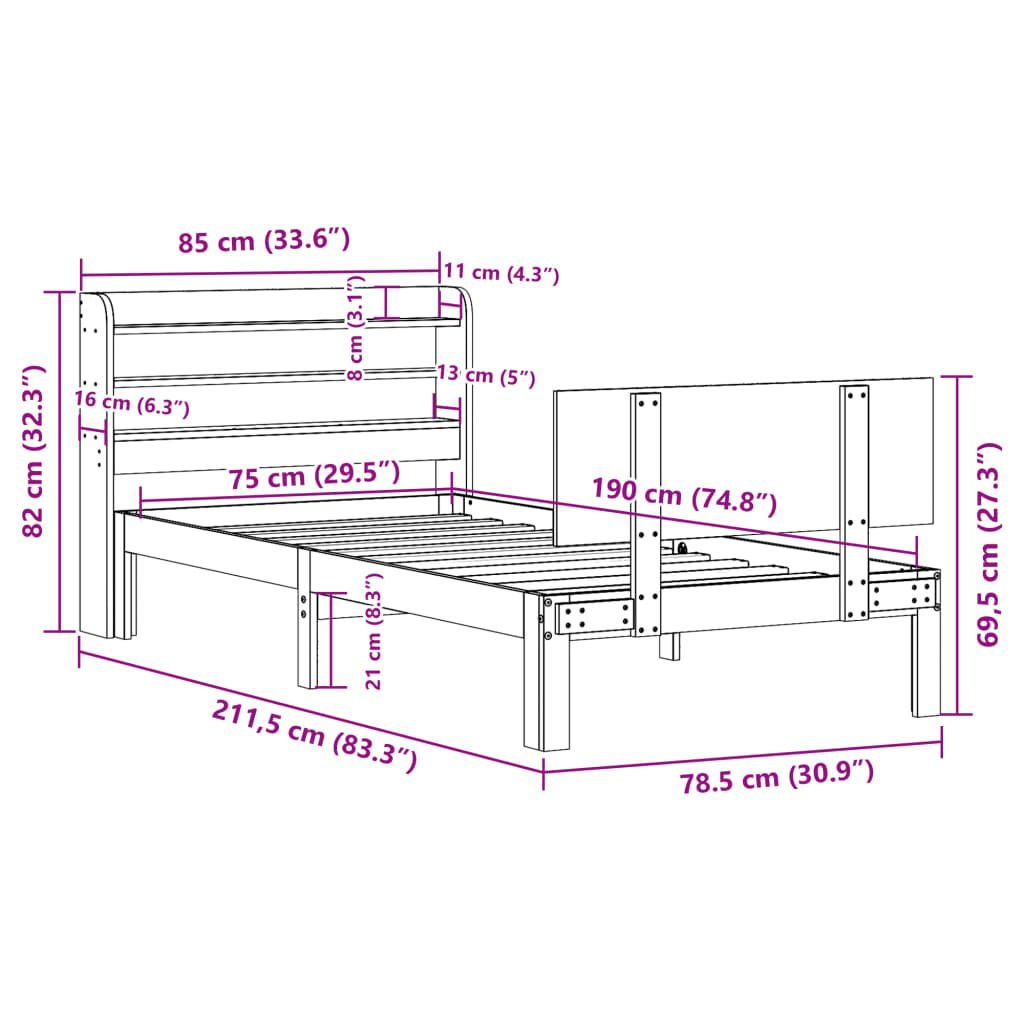Bedframe met hoofdbord massief grenenhout 75x190 cm