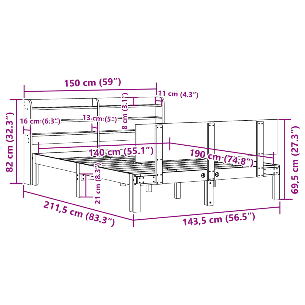 Bedframe met hoofdbord massief grenenhout 140x190 cm