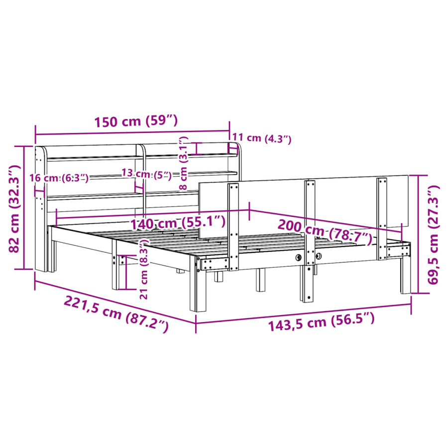 Bedframe met hoofdbord massief grenenhout wit 140x200 cm