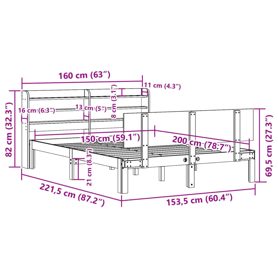 Bedframe met hoofdbord massief grenenhout wit 150x200 cm