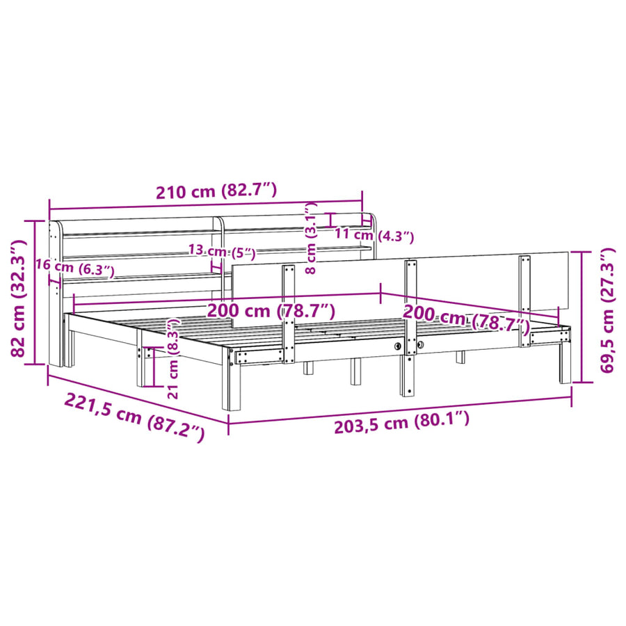 Bedframe met hoofdbord massief grenenhout 200x200 cm