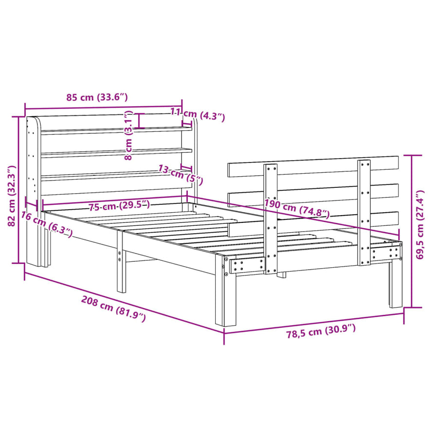 Bedframe met hoofdbord massief grenenhout wit 75x190 cm