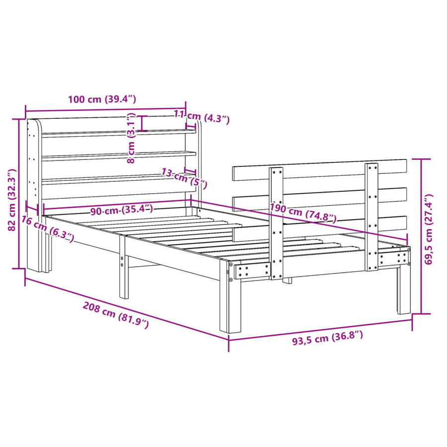 Bedframe met hoofdbord massief grenenhout 90x190 cm