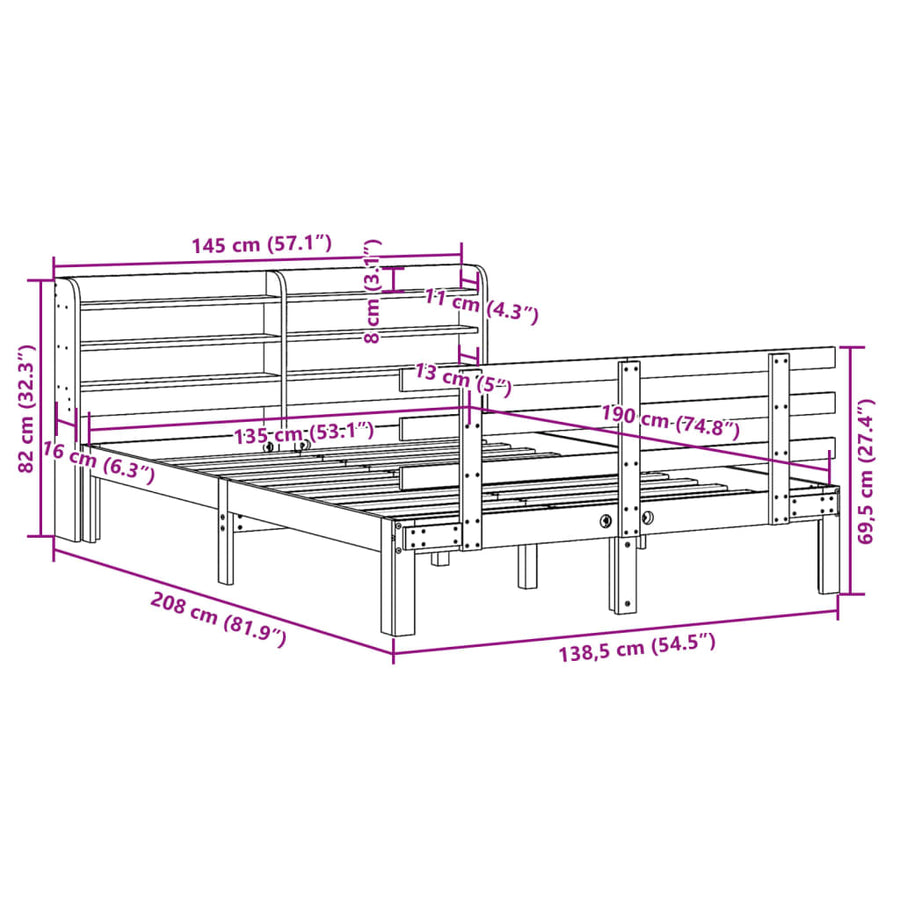 Bedframe met hoofdbord massief grenenhout wit 135x190 cm