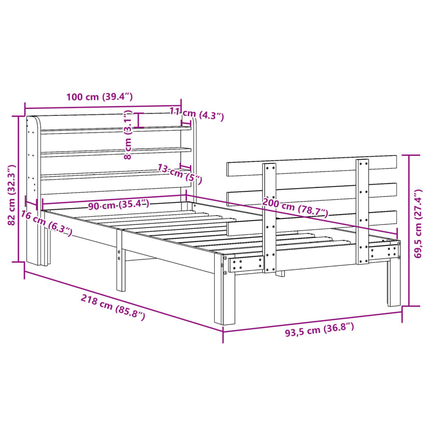 Bedframe met hoofdbord massief grenenhout 90x200 cm