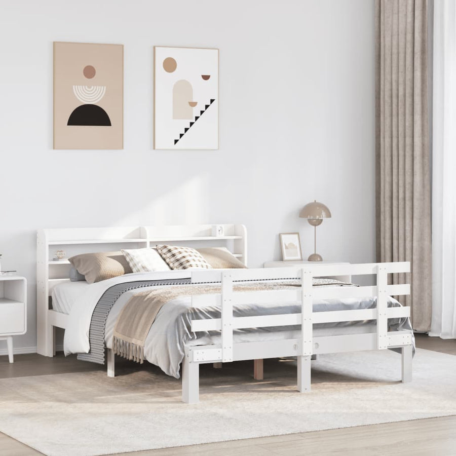 Bedframe met hoofdbord massief grenenhout wit 150x200 cm