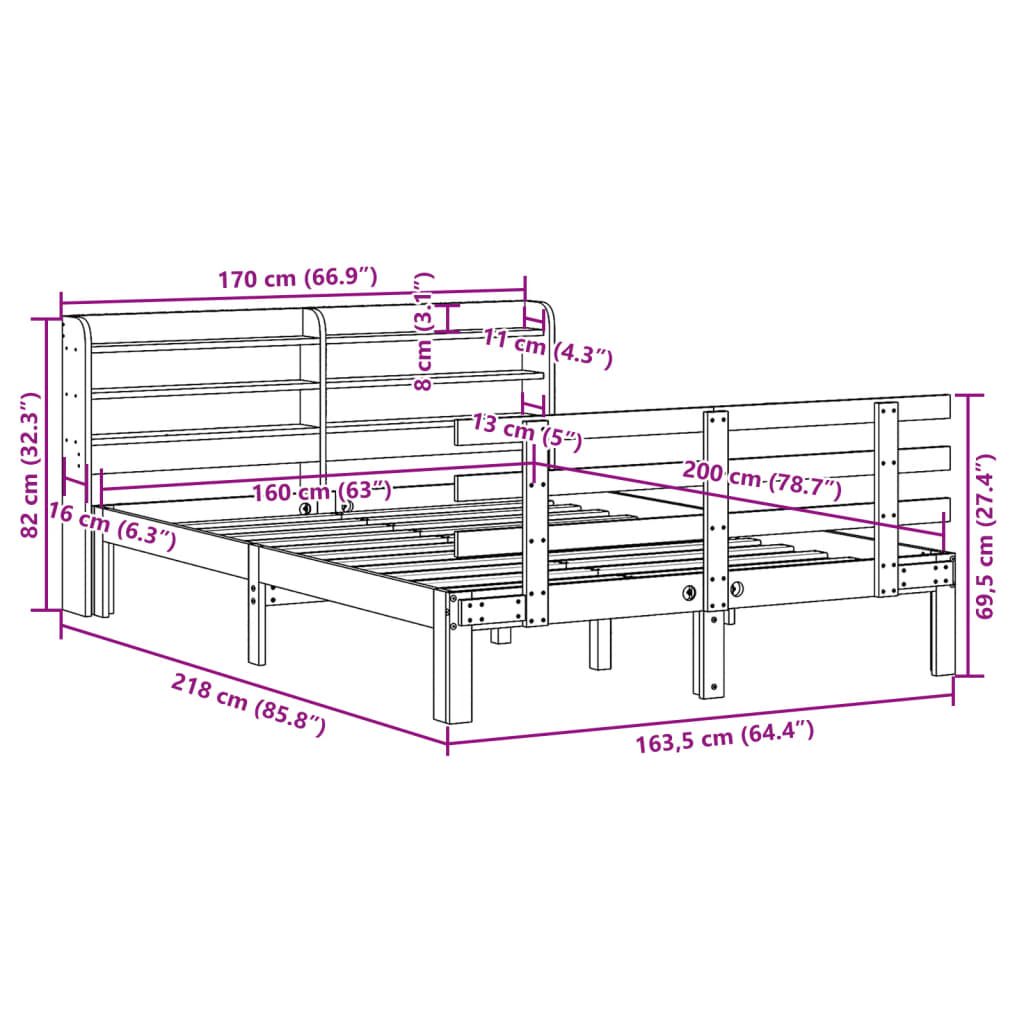 Bedframe met hoofdbord massief grenenhout 160x200 cm