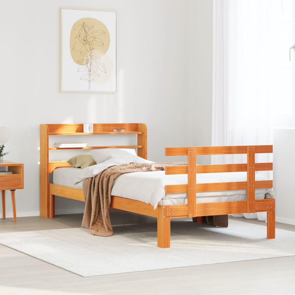 Bedframe met hoofdbord massief grenenhout wasbruin 100x200 cm