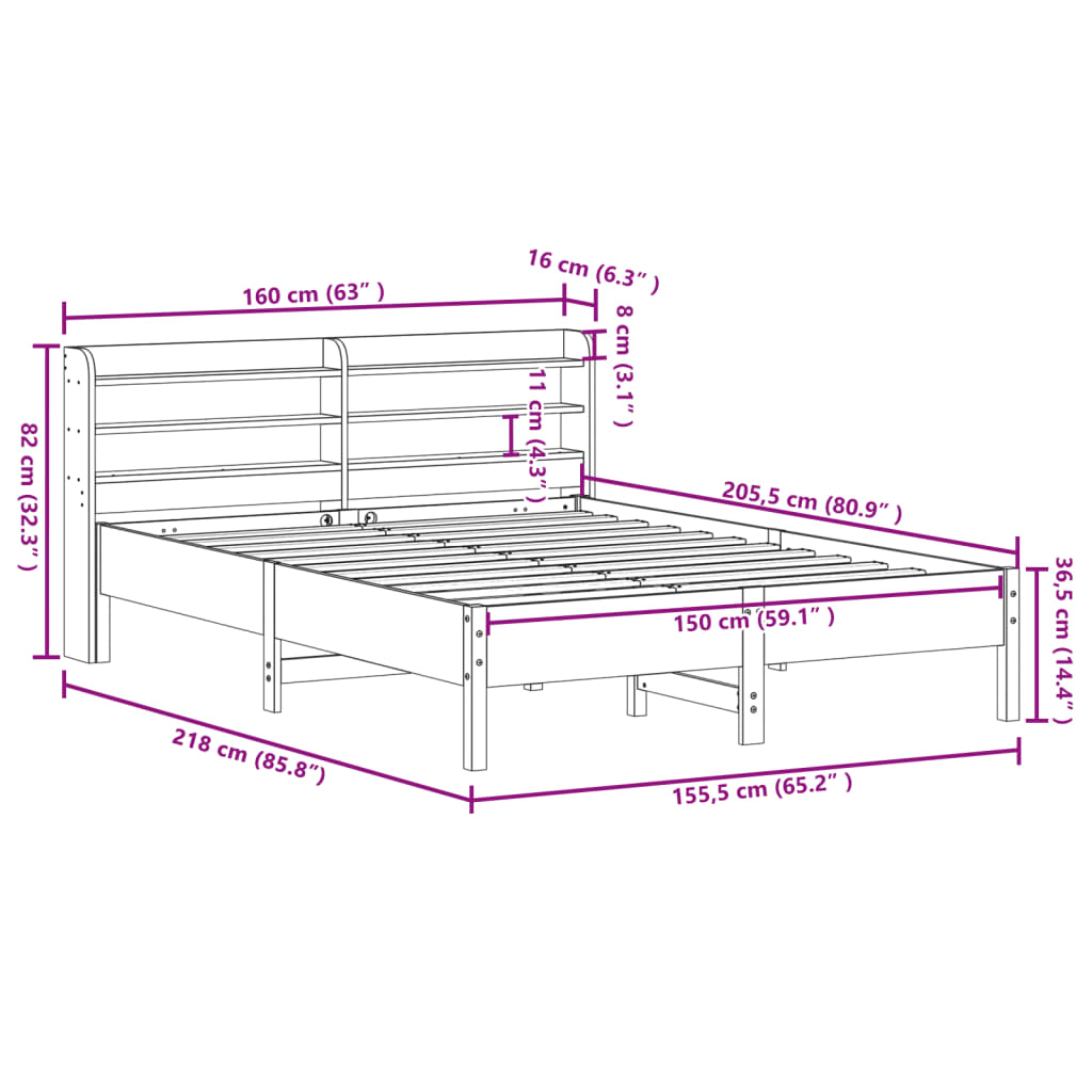 Bedframe zonder matras massief grenenhout wit 150x200 cm