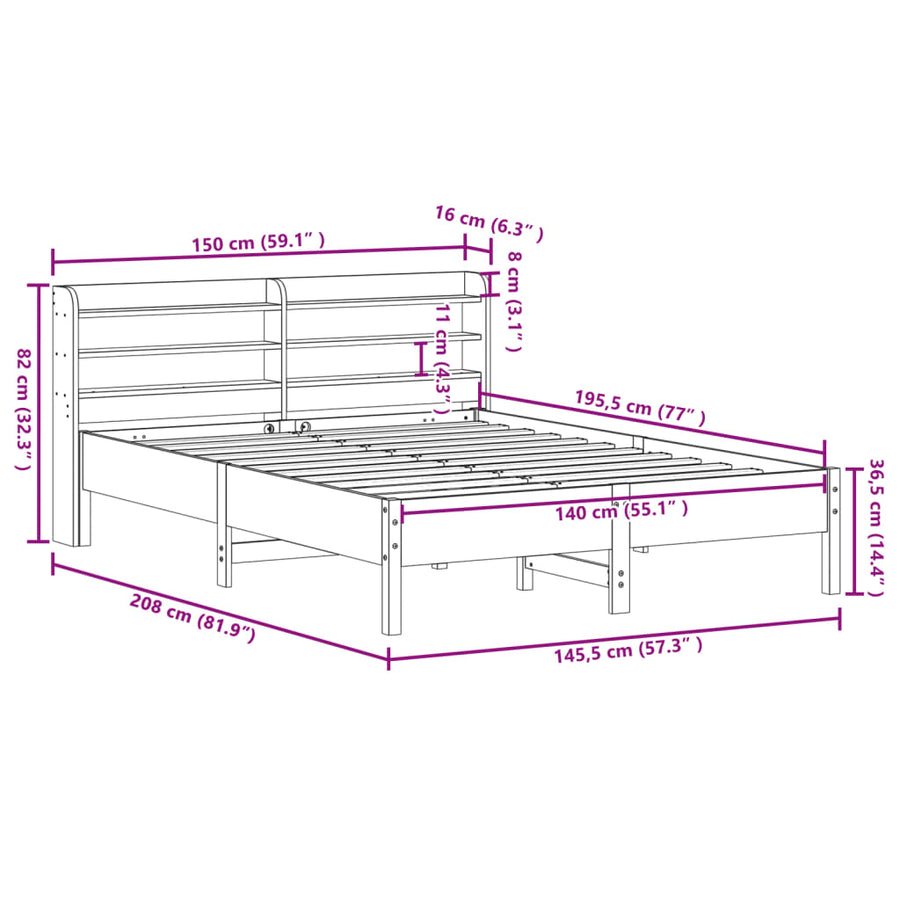 Bedframe zonder matras massief grenenhout wit 140x190 cm