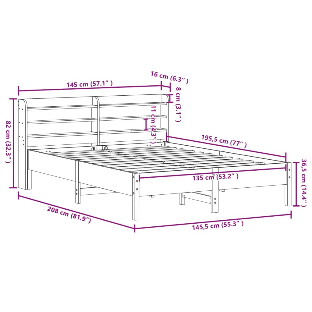 Bedframe zonder matras massief grenenhout wit 135x190 cm