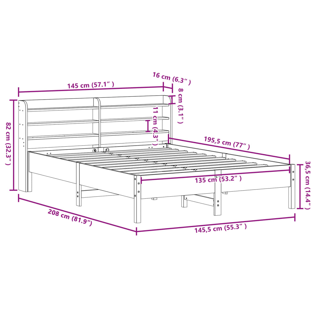 Bedframe zonder matras massief grenenhout wasbruin 135x190 cm