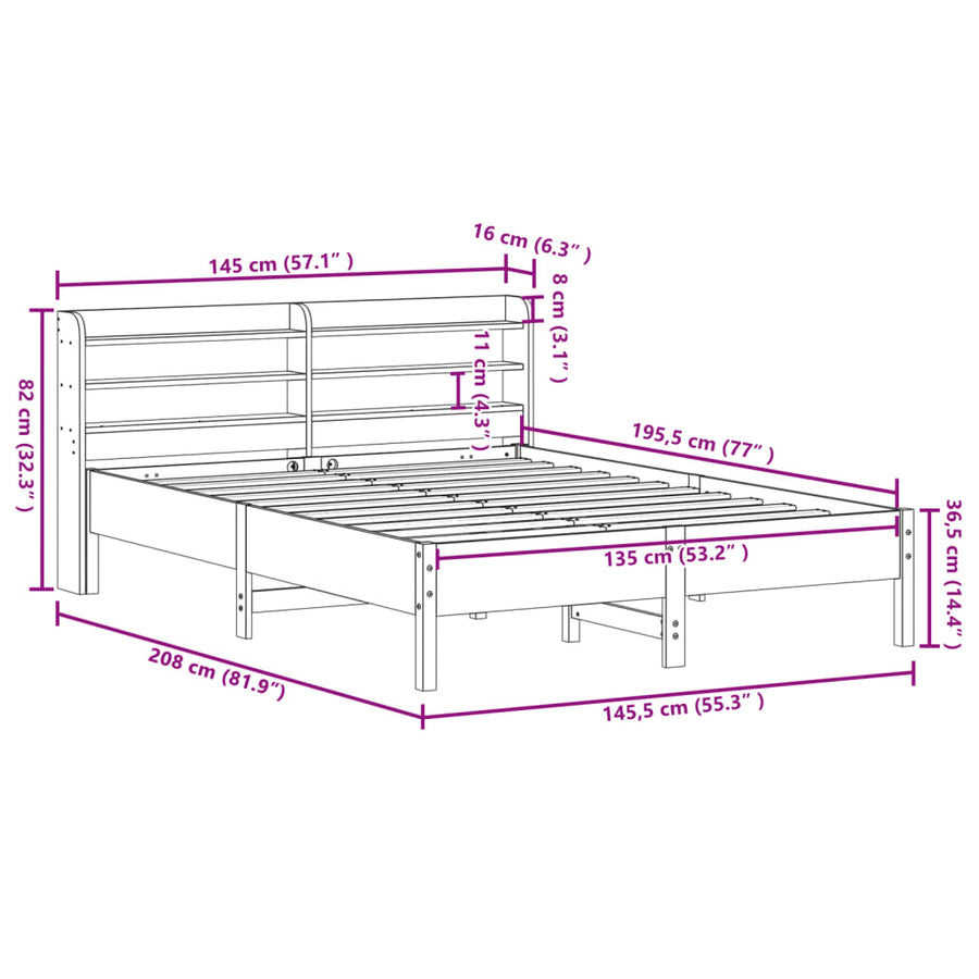 Bedframe zonder matras massief grenenhout wasbruin 135x190 cm