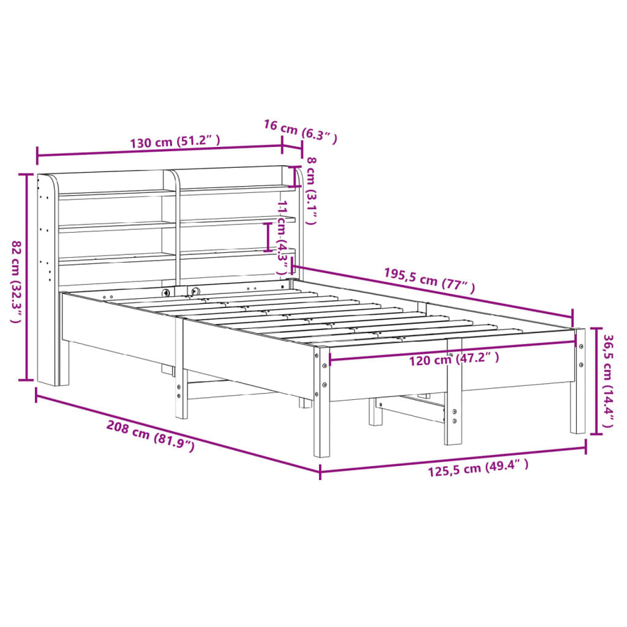 Bedframe zonder matras massief grenenhout wasbruin 120x190 cm