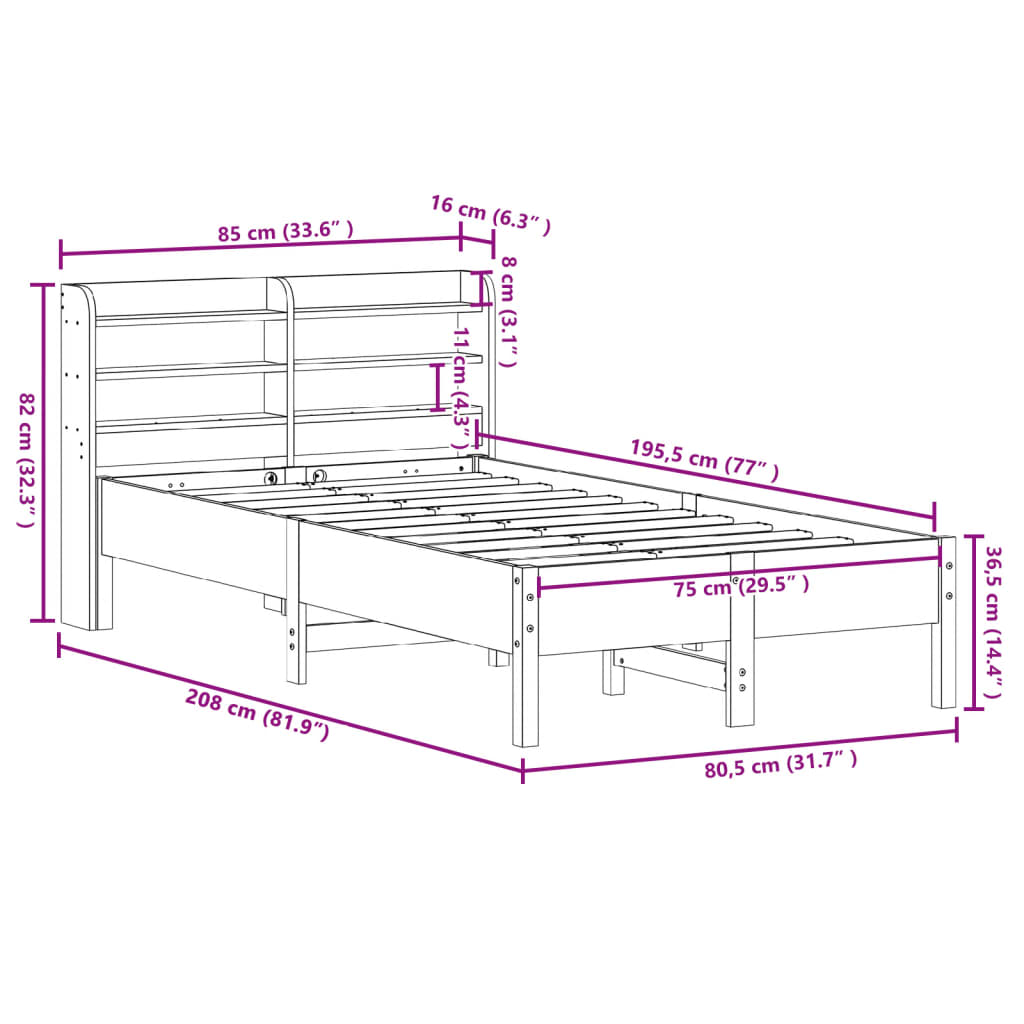 Bedframe zonder matras massief grenenhout wit 75x190 cm