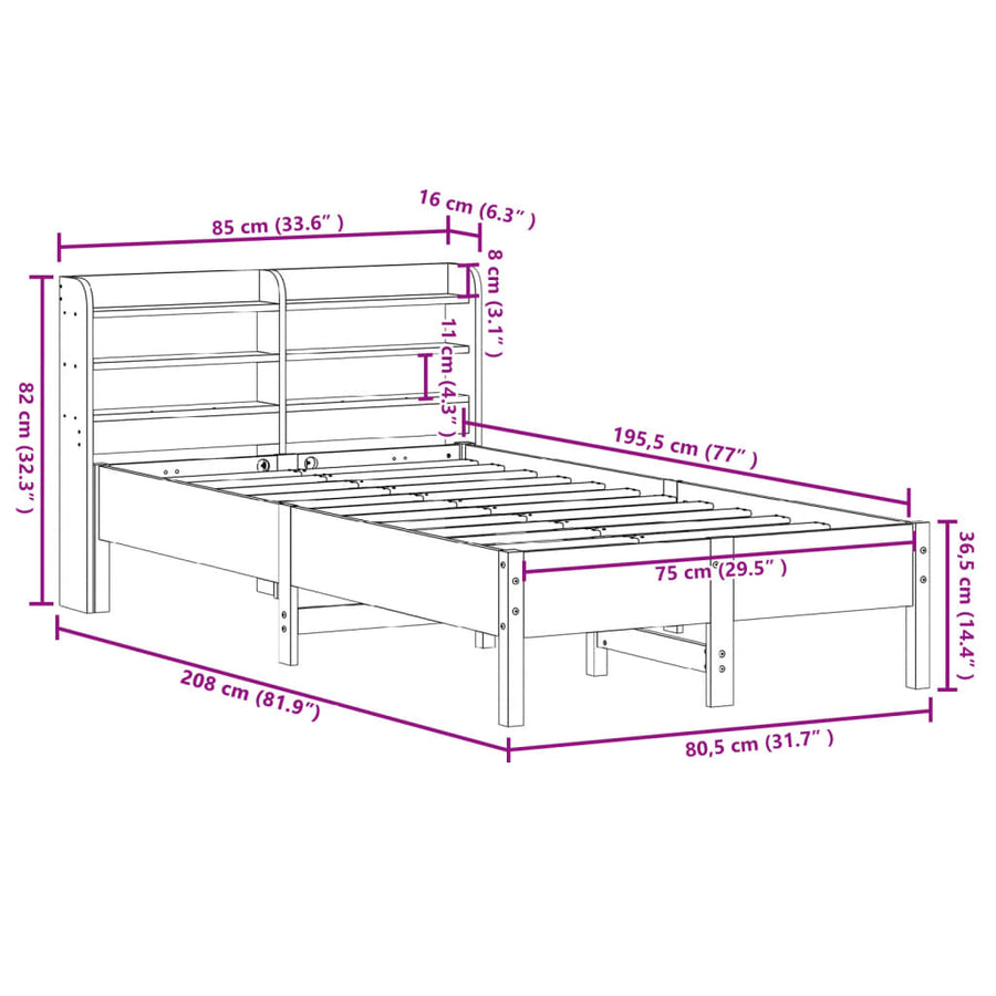 Bedframe zonder matras massief grenenhout wit 75x190 cm